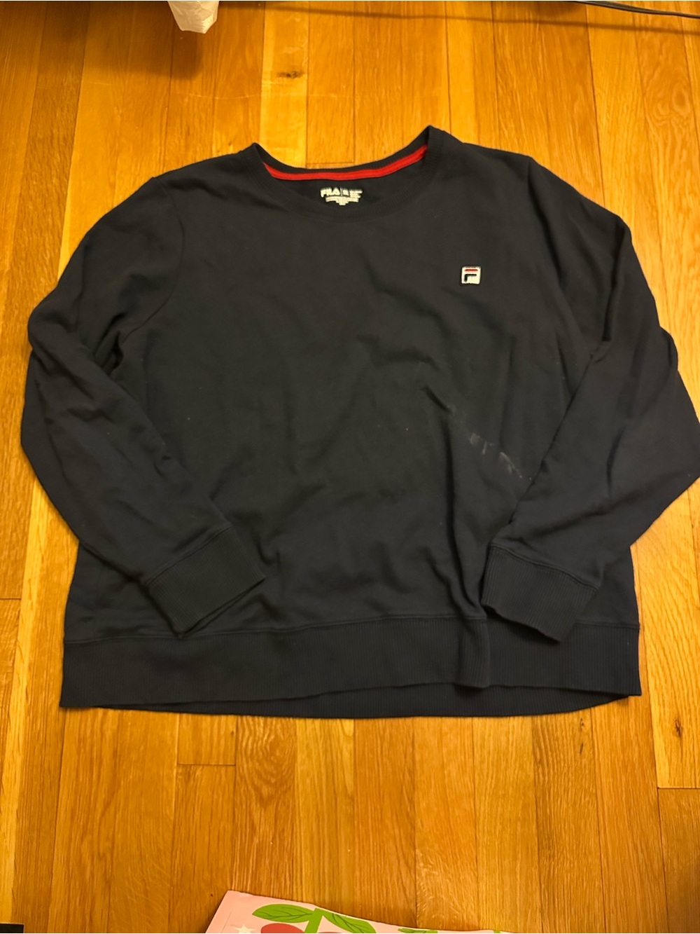 Fila Navy Crewneck Sweatshirt with Red Neck Trim and Small Logo Patch